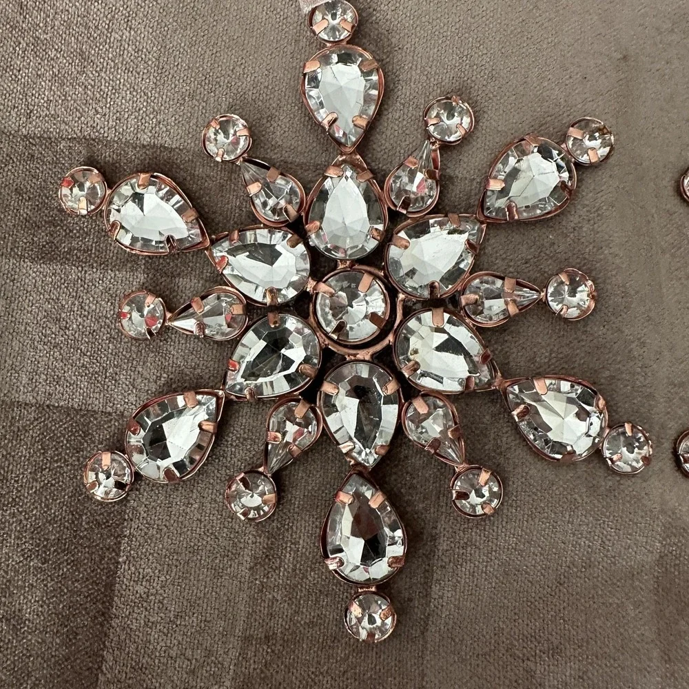 Clear Rhinestone Gem Rose Gold Tone Snowflake Ornaments Set Of 3 Christmas Shiny